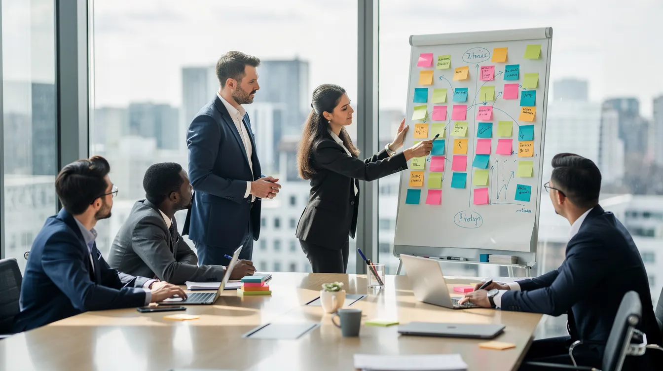 Une équipe commerciale dynamique est réunie dans un bureau moderne, discutant autour d'un tableau blanc rempli de post-it colorés, illustrant la mise en place d'une stratégie commerciale efficace pour optimiser la vente et atteindre les objectifs de l'entreprise. Les membres échangent des idées sur la gestion des clients et la prospection, soulignant l'importance d'une bonne organisation commerciale.