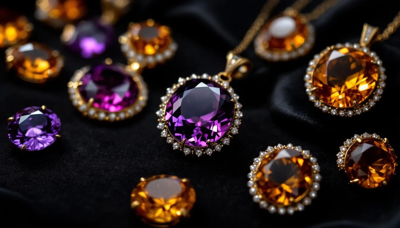 A beautiful array of colorful gemstones, including amethyst and citrine, displayed elegantly.