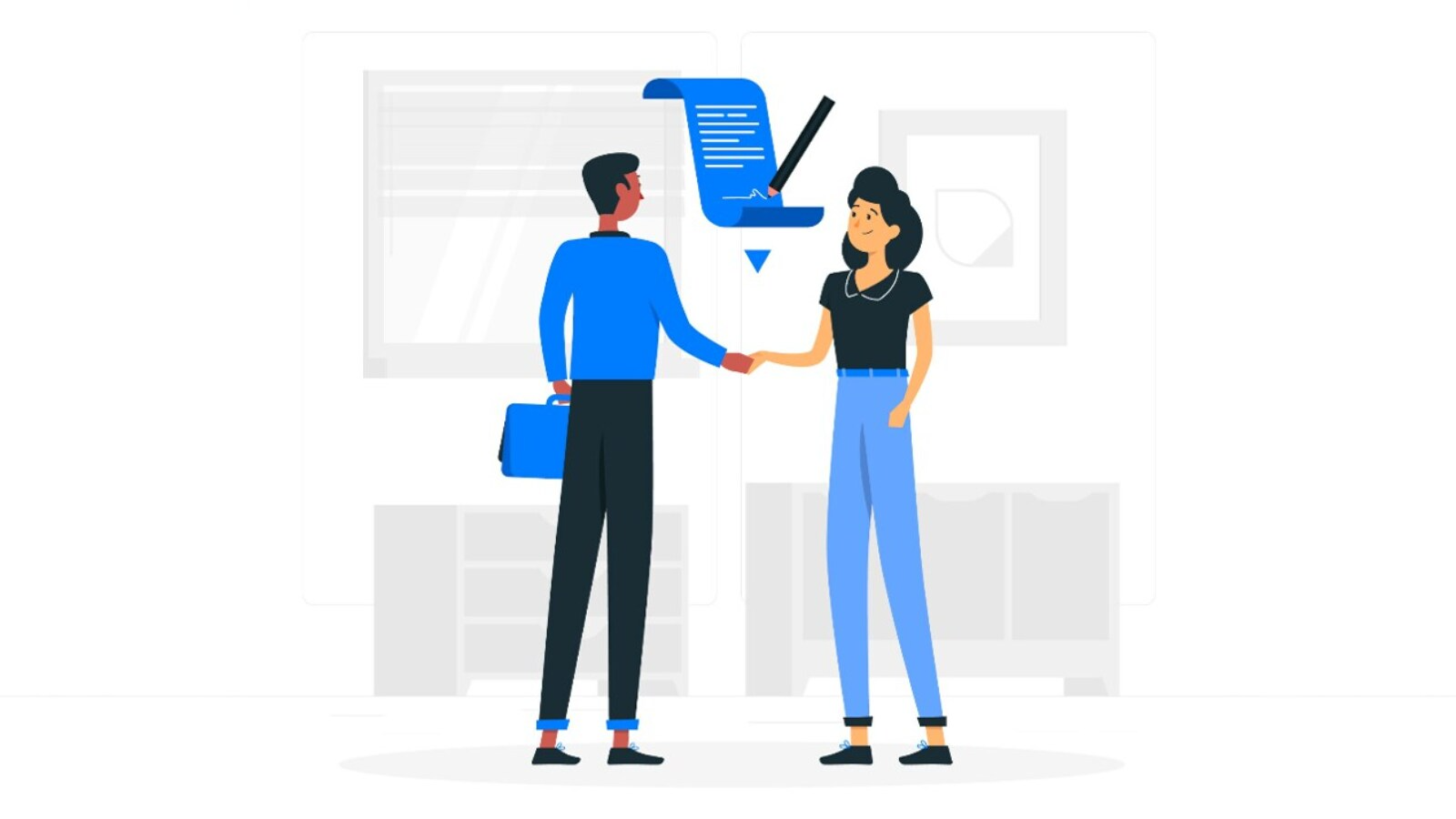 Two people shake hands as a digital agreement floats above, representing how UCaaS solutions improve business.