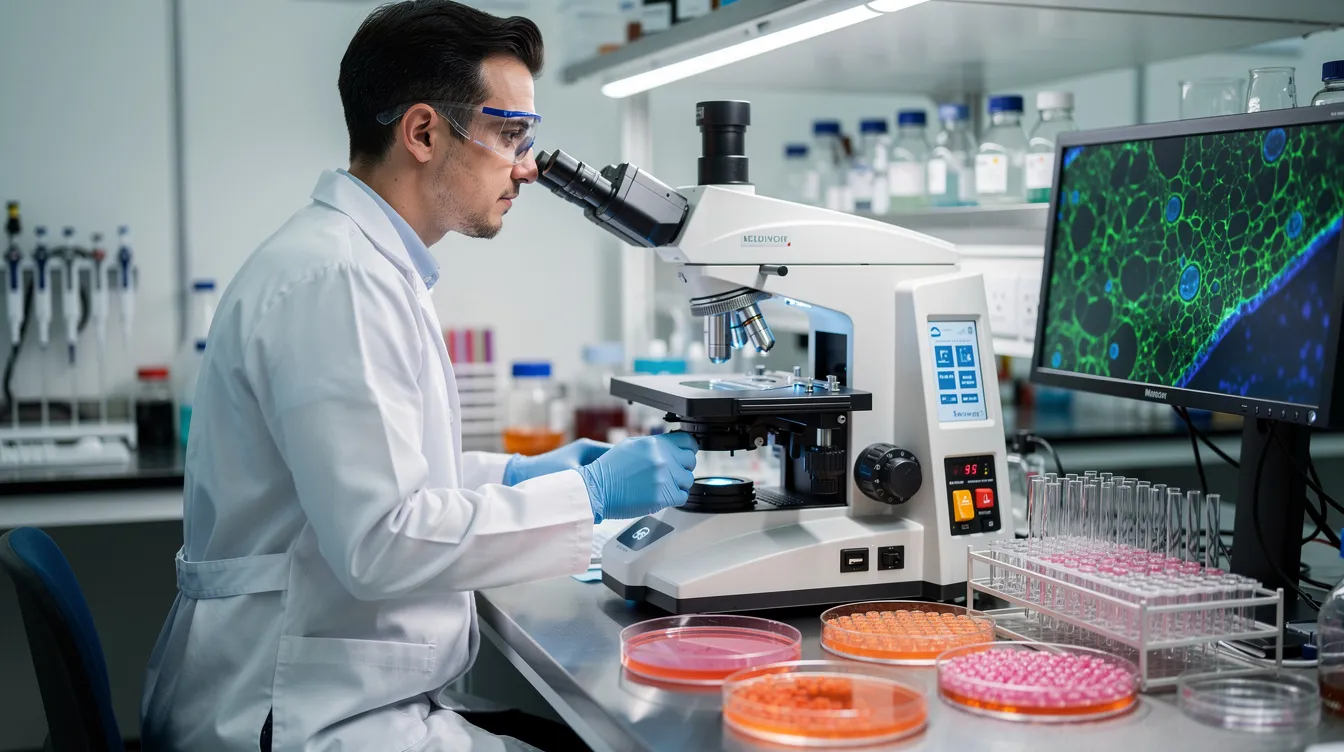A laboratory researcher is intently examining various cell cultures under advanced microscopy equipment, highlighting the intricate details of different cell types involved in stem cell research. This scene emphasizes the importance of adult stem cells and their therapeutic potential in regenerative medicine, particularly in the treatment of chronic diseases and the aging process.