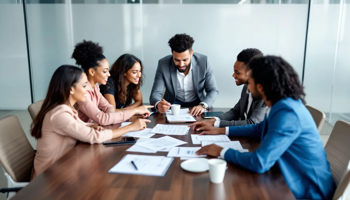 In a modern conference room, a diverse group of professionals engages in a business meeting, discussing documents related to collective bargaining agreements and working conditions. They are focused on problem-solving strategies to improve wages and support the rights of architectural workers and other employees in the built environment.