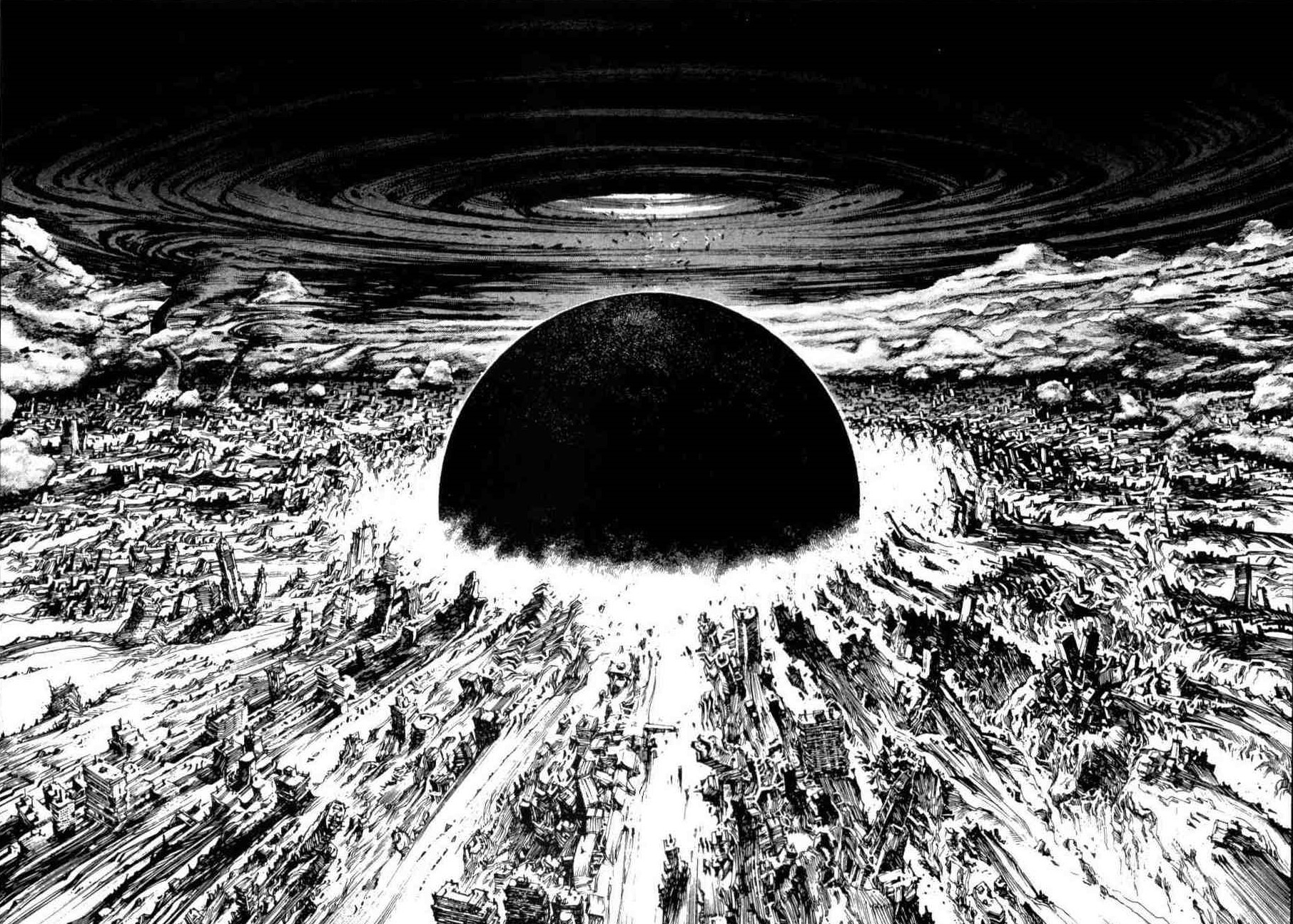 A black sphere of explosion slowly engulfing tokyo with its impact from Akira