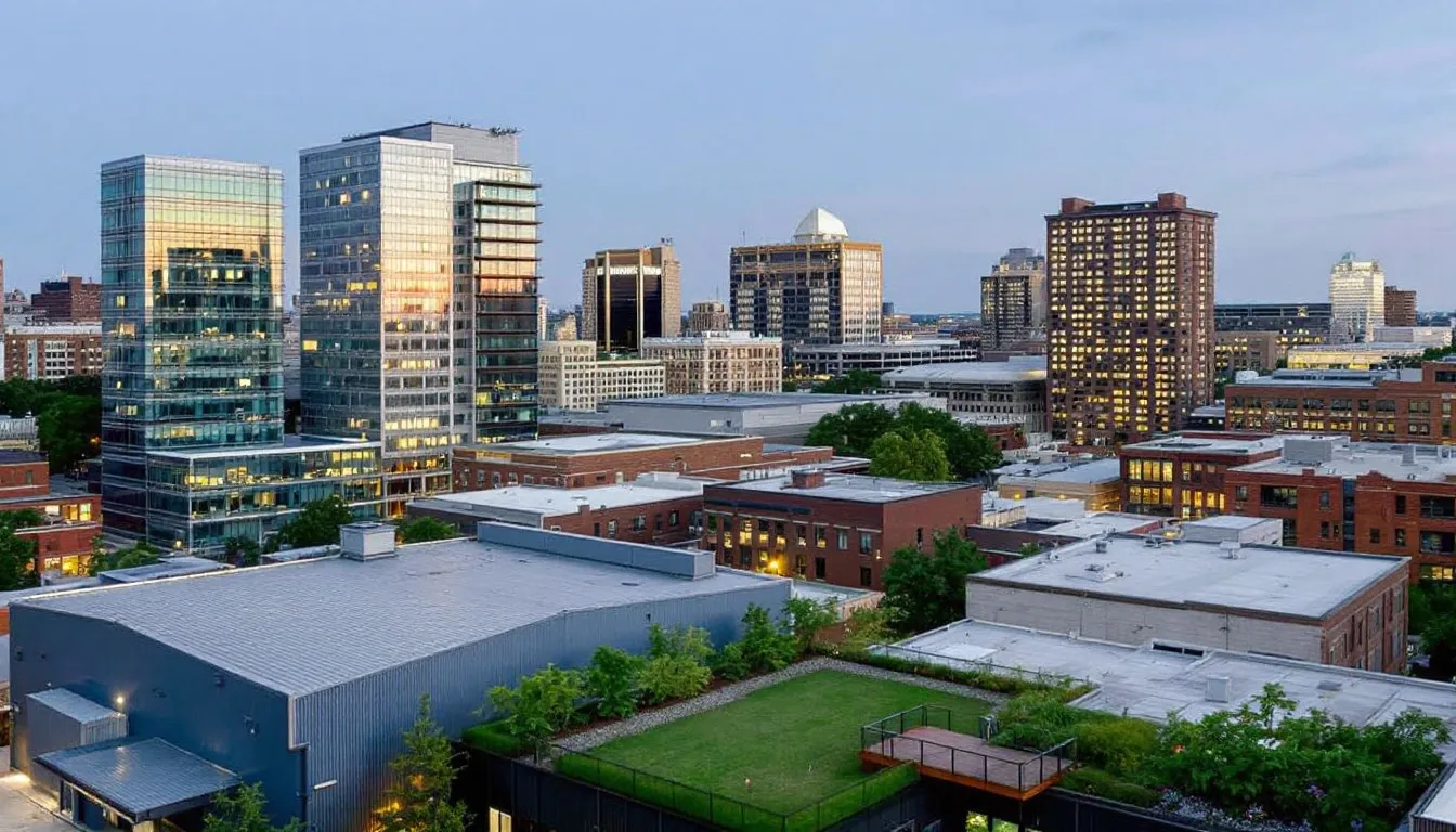 Different types of commercial roofing systems displayed on various buildings.