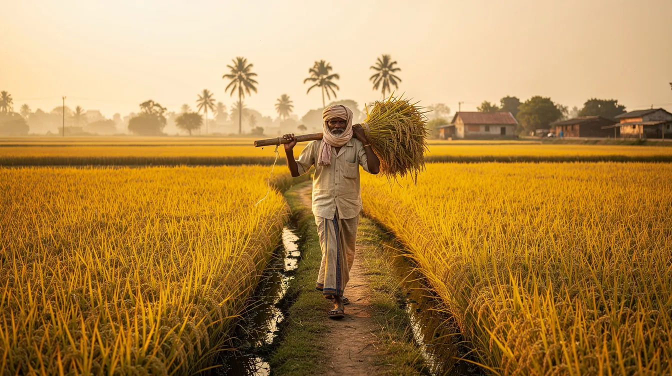 7aacac25 243f 4c2c b8ba dbc6ff9cae38 The image depicts lush golden paddy fields in rural India, with a farmer carrying bundles of harvested grain, highlighting the agricultural roots of rice flakes production. This scene reflects the raw material sourcing essential for the poha manufacturing process, a staple food in the Indian market.