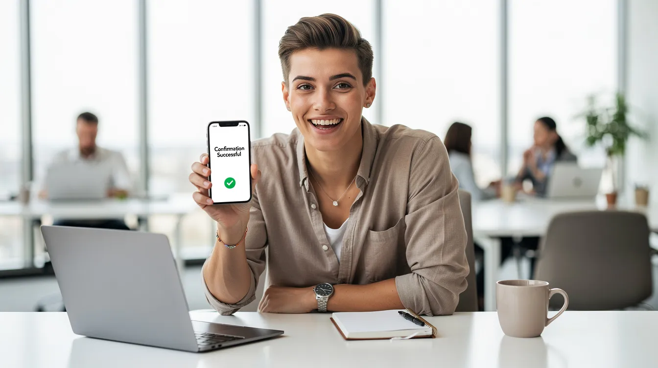 A person is smiling as they look at a confirmation notification on their phone, seated in a bright and modern office environment. The atmosphere suggests a successful financial transaction, possibly related to services like international money transfer offered by South Indian Bank.