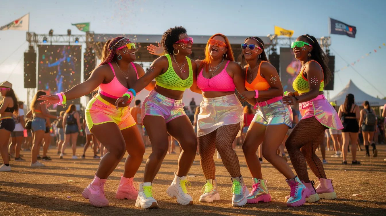 Eine Gruppe von Frauen trägt bunte Neon-Rave-Outfits, die mit Glitzer verziert sind, während sie fröhlich auf einem Open-Air-Festival im Sonnenschein feiern. Die techno Kleidung und der lebendige Look der Damen spiegeln die ausgelassene Party-Stimmung wider.