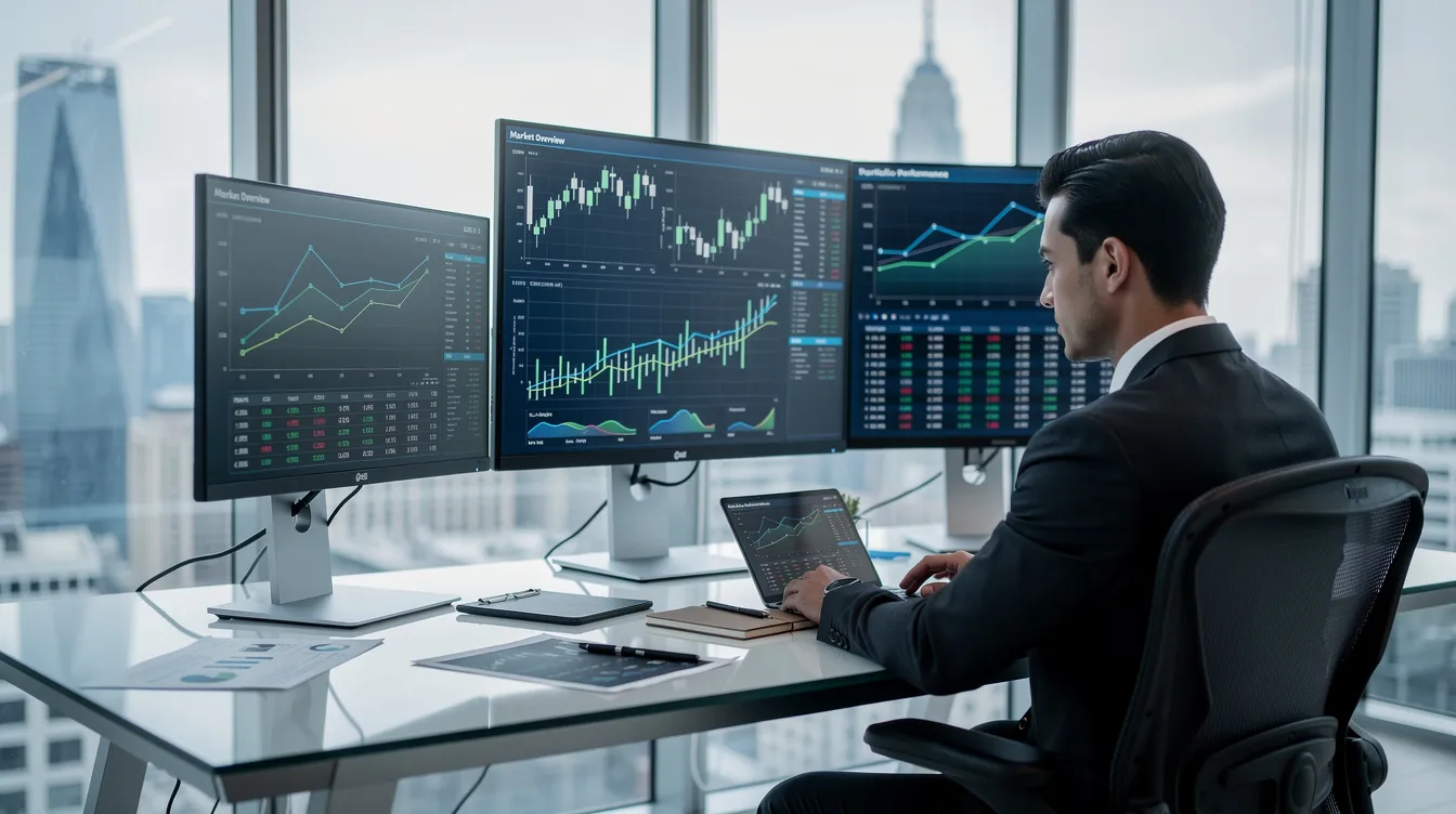 A professional analyst is intently reviewing financial data displayed on multiple screens in a modern office setting, utilizing expert insights to inform investment decisions. The analyst's focus on market trends and access to specialized knowledge highlights the importance of expert network services in the research process for various industries.