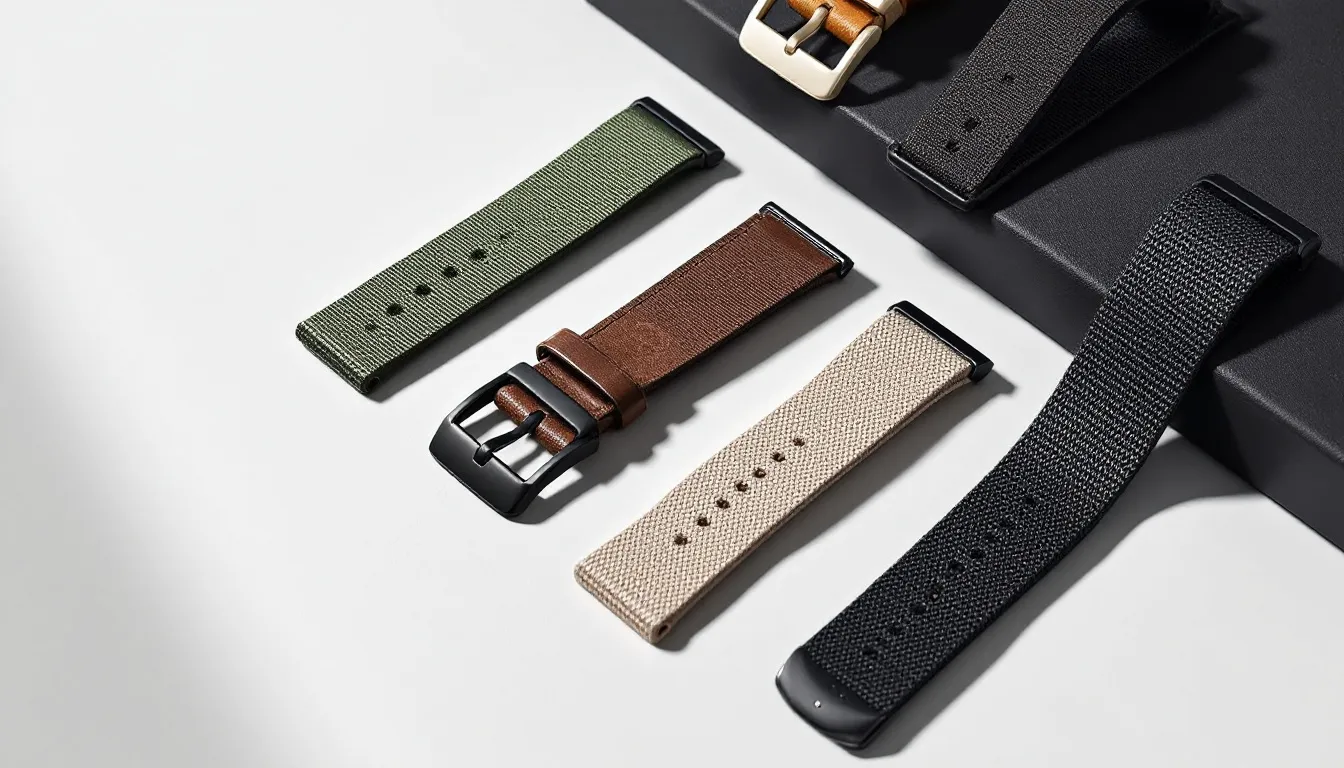 Different materials used for NATO straps, including nylon and leather.