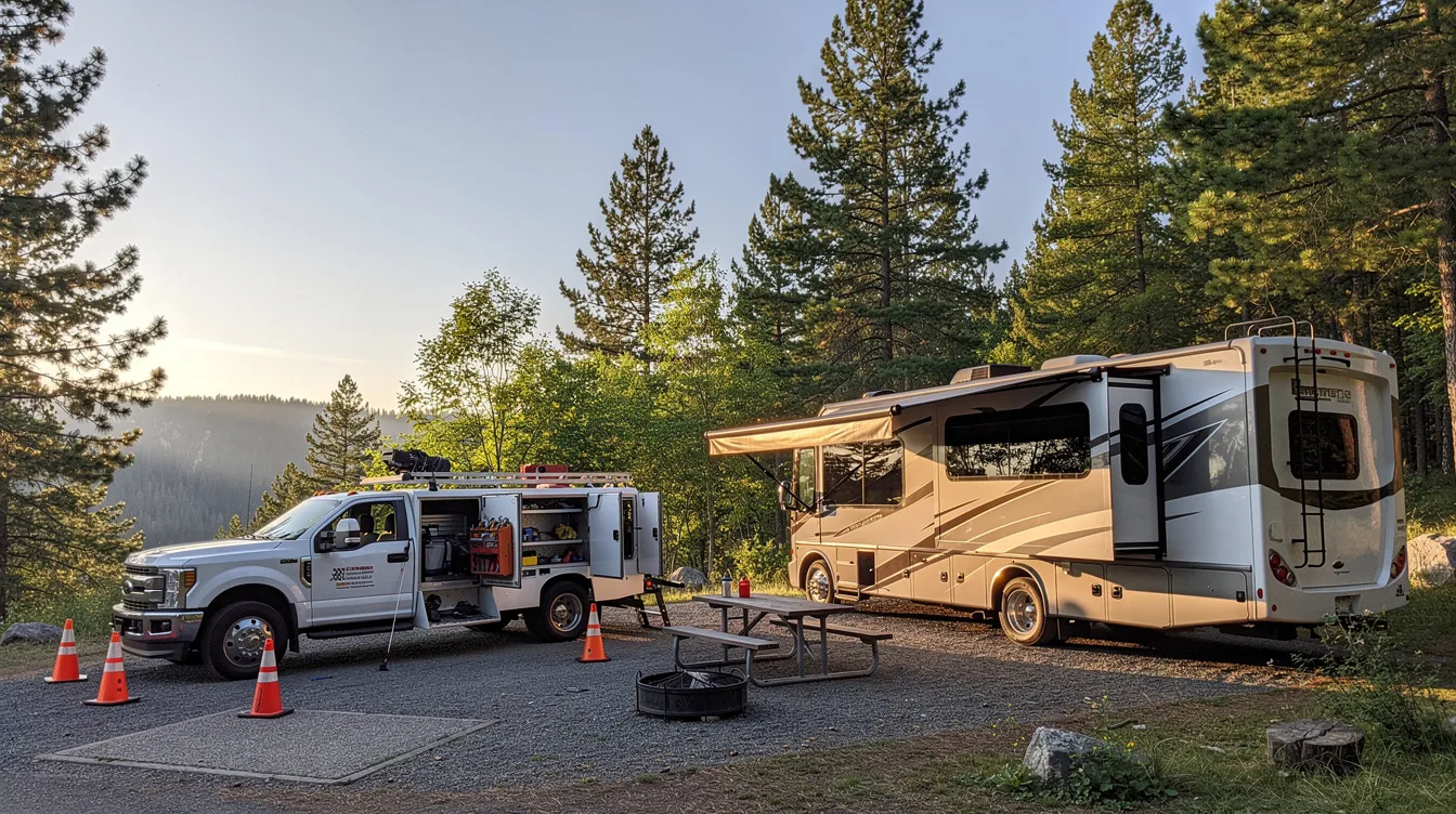 A mobile repair truck is parked next to a large motorhome at a scenic campground surrounded by trees, ready to provide mobile RV repair services. The setting indicates a peaceful location where RV owners can receive routine maintenance and repairs for their vehicles.