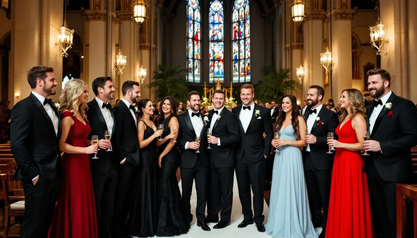In the image, a group of well-dressed wedding guests stands together, showcasing a variety of formal attire that includes black tuxedos, tan suits, and elegant dresses. Their outfits reflect different wedding dress codes, incorporating stylish accessories like pocket squares and ties, creating a vibrant and sophisticated atmosphere for the event.
