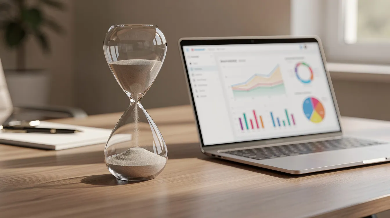 La imagen muestra un reloj de arena sobre un escritorio, junto a un laptop que presenta gráficos de análisis. Este entorno sugiere un enfoque en la gestión del tiempo y el seguimiento de clientes, ideal para empresas que buscan automatizar su comunicación a través de WhatsApp y mejorar sus ventas.