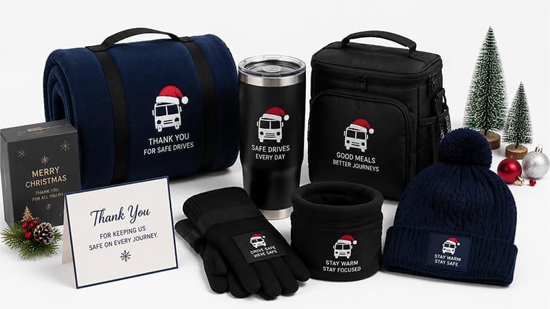 Christmas gift set for bus drivers with a blanket, tumbler, lunch bag, beanie, gloves, and appreciation card