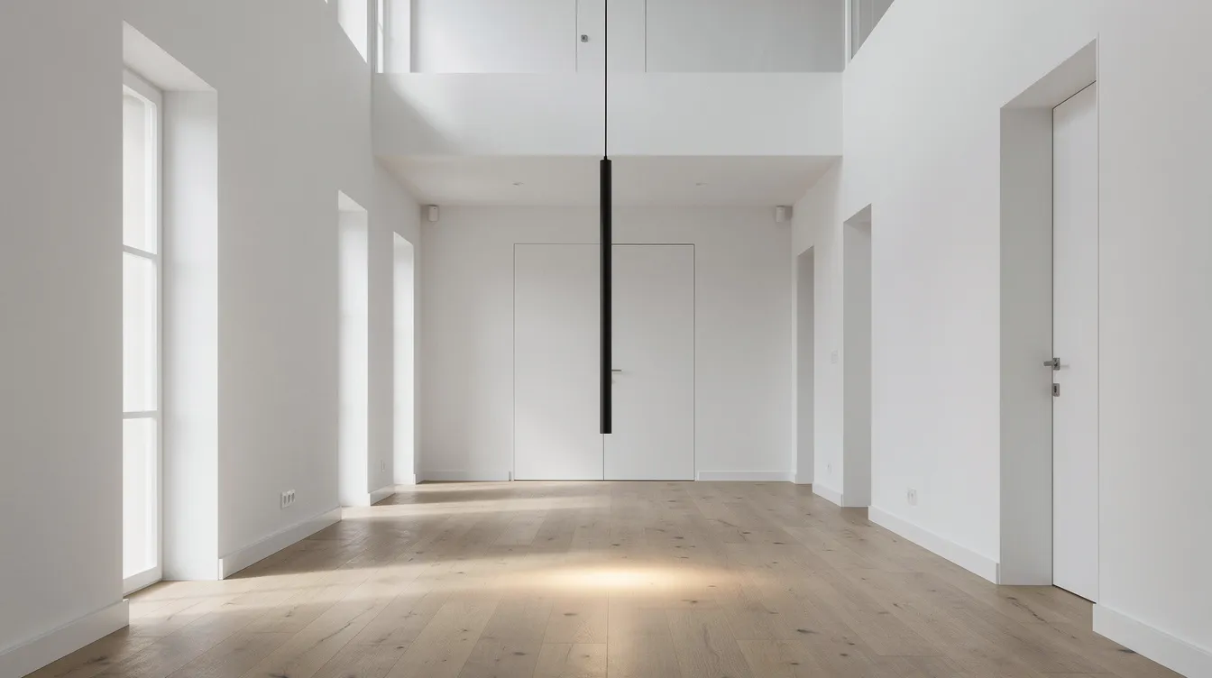 En ljus hall med en smal pendellampa i svart metall hängande från det höga taket, vilket skapar en stilren och modern belysning. Lampan ger ett mjukt ljus som bidrar till rummets mysiga känsla.