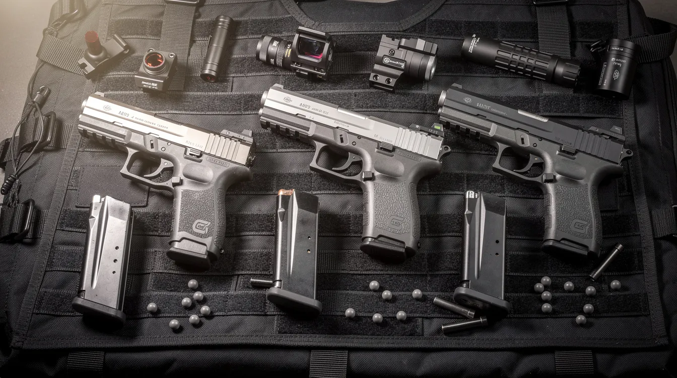 The image features five gas blowback airsoft pistols arranged on a tactical surface, accompanied by magazines and various accessories. These gas powered airsoft pistols showcase a mix of full metal construction and polymer frames, highlighting their realistic handling and performance for serious airsoft players.