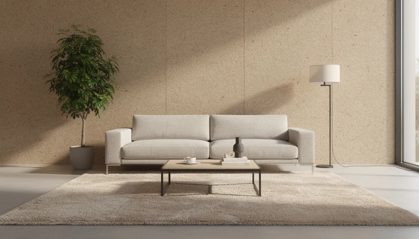 Een moderne woonkamer met een naturel kleurige viltwand, gemaakt van gerecyclede pet flessen, achter een stijlvolle design bank en een groot, zacht vloerkleed. De viltwand, die bekend staat om zijn geluiddempend vermogen, draagt bij aan een betere akoestiek en een warme sfeer in de ruimte.