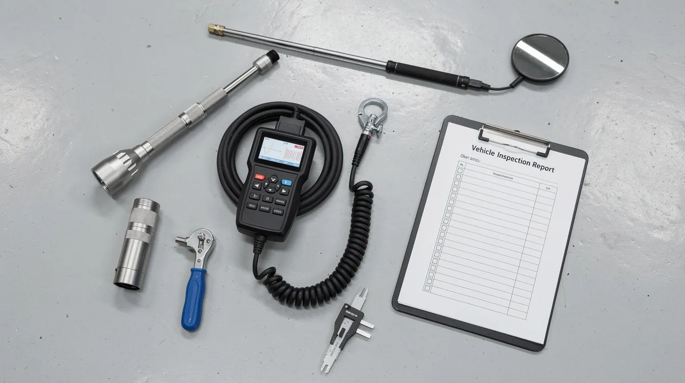 The image shows a clean garage floor with various car inspection tools, including a clipboard, flashlight, and diagnostic scanner, arranged neatly. These tools are essential for conducting pre-purchase inspections to ensure the vehicle's history and mileage are accurate, helping buyers avoid issues like odometer fraud and ensuring they make a better deal when purchasing a used vehicle.