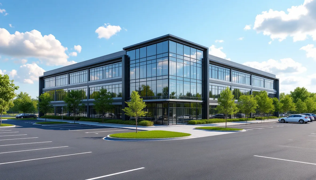 The image depicts a commercial property situated on a parcel of land, highlighting the structure alongside its surroundings. This visual representation is relevant for real estate investors interested in determining land value for depreciation and understanding the relationship between the property value and the actual purchase price.