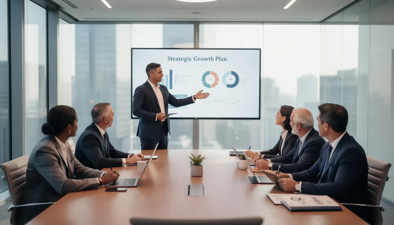 A professional consultant is presenting to a diverse executive team, focusing on leadership development and the importance of emotional intelligence in enhancing leadership skills. The session emphasizes key learning objectives related to developing effective leaders and navigating the challenges of business strategy for organizational success.