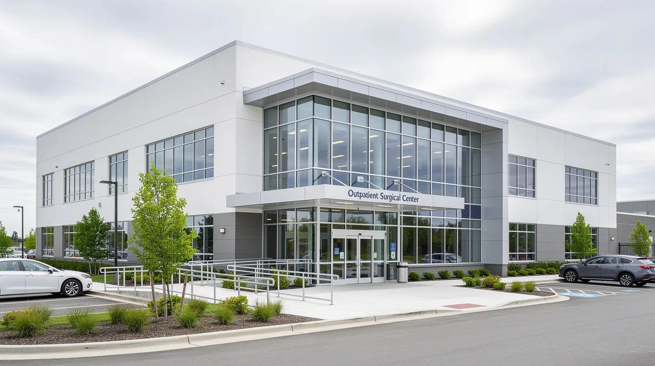 A modern surgical center building with large windows and a clean entrance.
