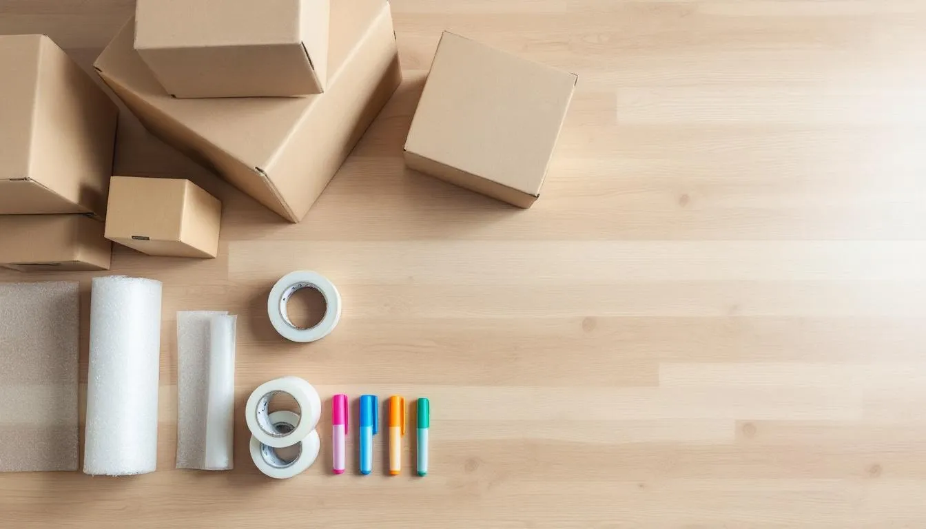 A neatly arranged table displays various professional moving supplies, including sturdy cardboard boxes, rolls of packing tape, protective bubble wrap, and marker pens for labeling boxes. These essential packing supplies are key for a smooth packing process when moving house, especially for fragile items and important documents.