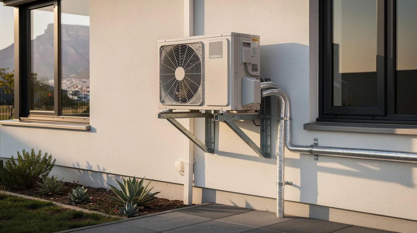 The image shows an outdoor condenser unit mounted on wall brackets at a residential property in Cape Town, highlighting a professional air conditioning installation. This efficient air conditioning system is positioned mid-wall, showcasing the technical expertise of qualified installers.