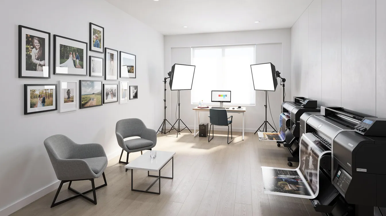 A modern photography studio showcases professional printing equipment alongside framed samples of high-quality photos on display. This vibrant space caters to various printing needs, offering a full range of services including same day photo printing and photo gifts, ensuring customers can create and share their memories effectively.