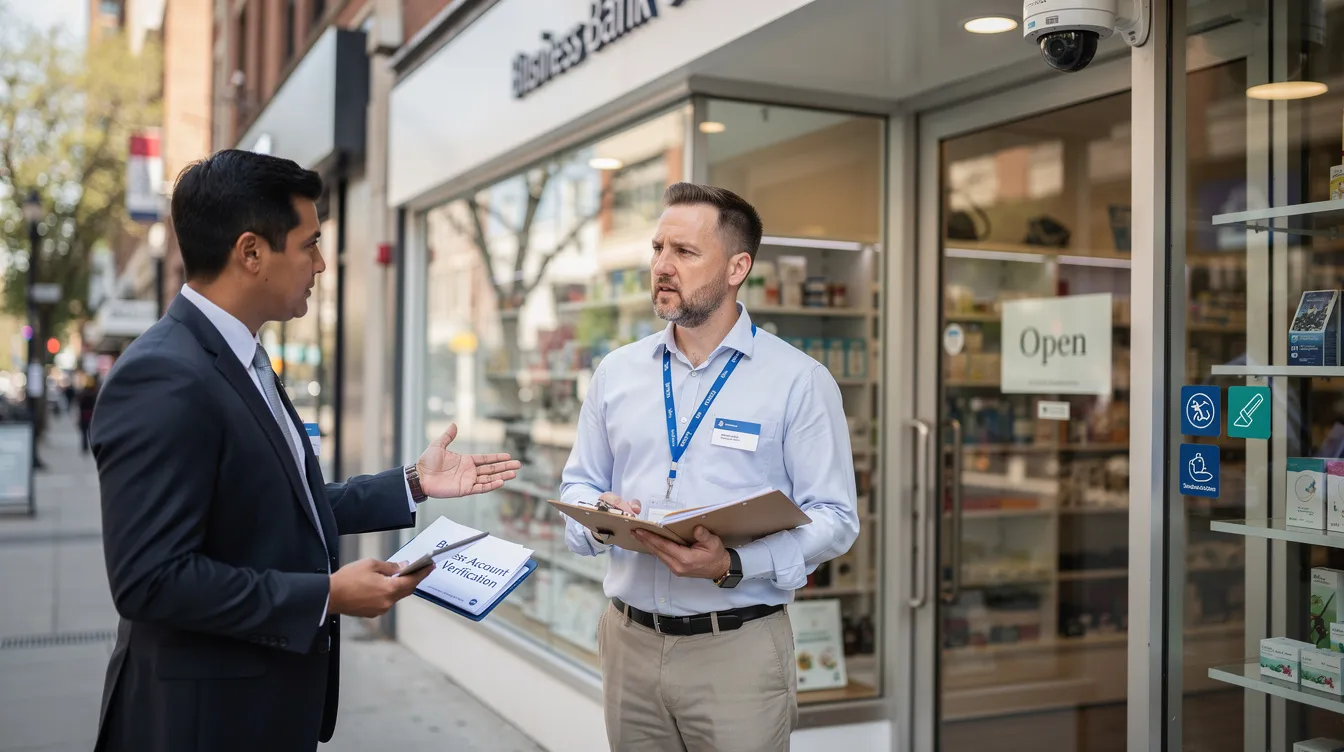 A small business owner stands outside their retail shop as a bank representative conducts a verification visit, likely assessing the eligibility criteria for a mudra loan or other financial assistance. The scene highlights the importance of proper documentation, such as bank statements and business registration, in the loan application process for small enterprises.