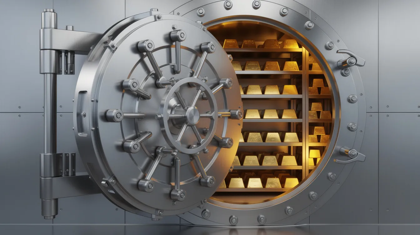 The image features a professional secure vault door, prominently displaying gold bars inside, symbolizing the safety and value of precious metals investments. This secure storage reflects the importance of physical gold and other precious metals in retirement accounts and investment strategies.