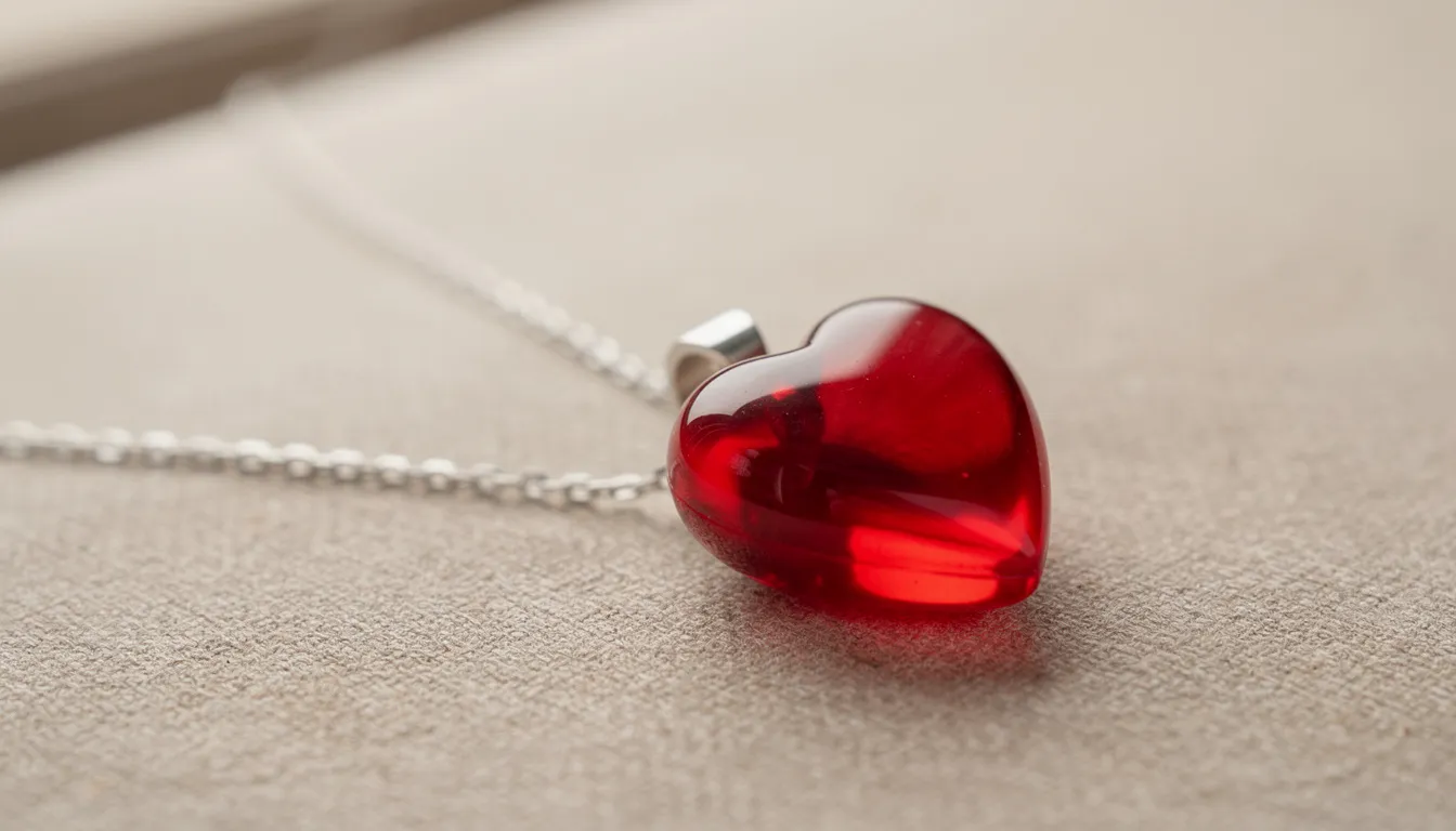A close-up photograph showcases a delicate red heart pendant made of red enamel, elegantly hanging from a fine silver chain against a soft neutral background, making it a perfect gift for any occasion. The intricate details of the necklace highlight its charm and beauty.