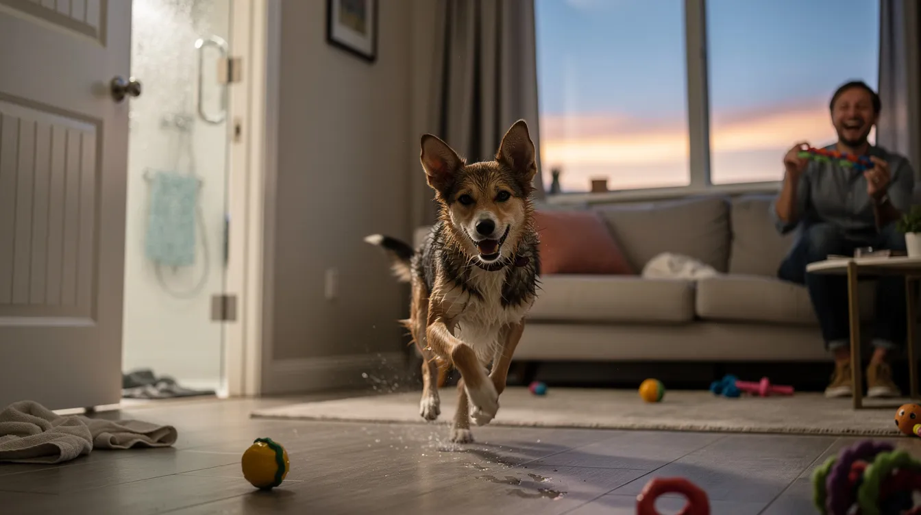 The image depicts a joyful dog in mid-run, showcasing the energetic behavior known as "dog zoomies" in a spacious backyard. The furry friend appears to be in a state of excitement, releasing pent-up energy with playful leaps and bounds, embodying the high-energy behavior often seen in younger dogs and puppies.