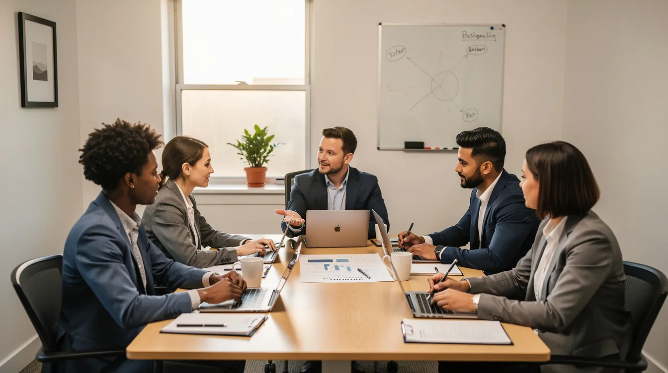 A small team of dental professionals is gathered around a conference table in a professional office setting, discussing the dental billing process and strategies for improving patient satisfaction. The atmosphere is focused, highlighting the importance of efficient practice management and effective communication regarding insurance claims and covered dental services.