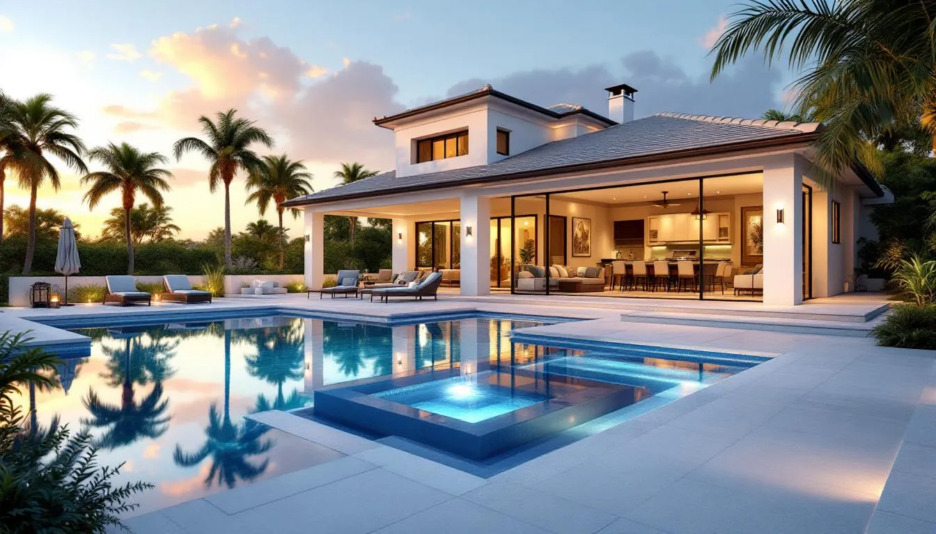 The image showcases a luxurious home exterior featuring a stunning outdoor pool area with a resort-style design, surrounded by beautifully landscaped grounds. The oversized screened lanai offers ample space for outdoor living, perfect for enjoying the serene atmosphere of beachview country club estates on Sanibel Island.