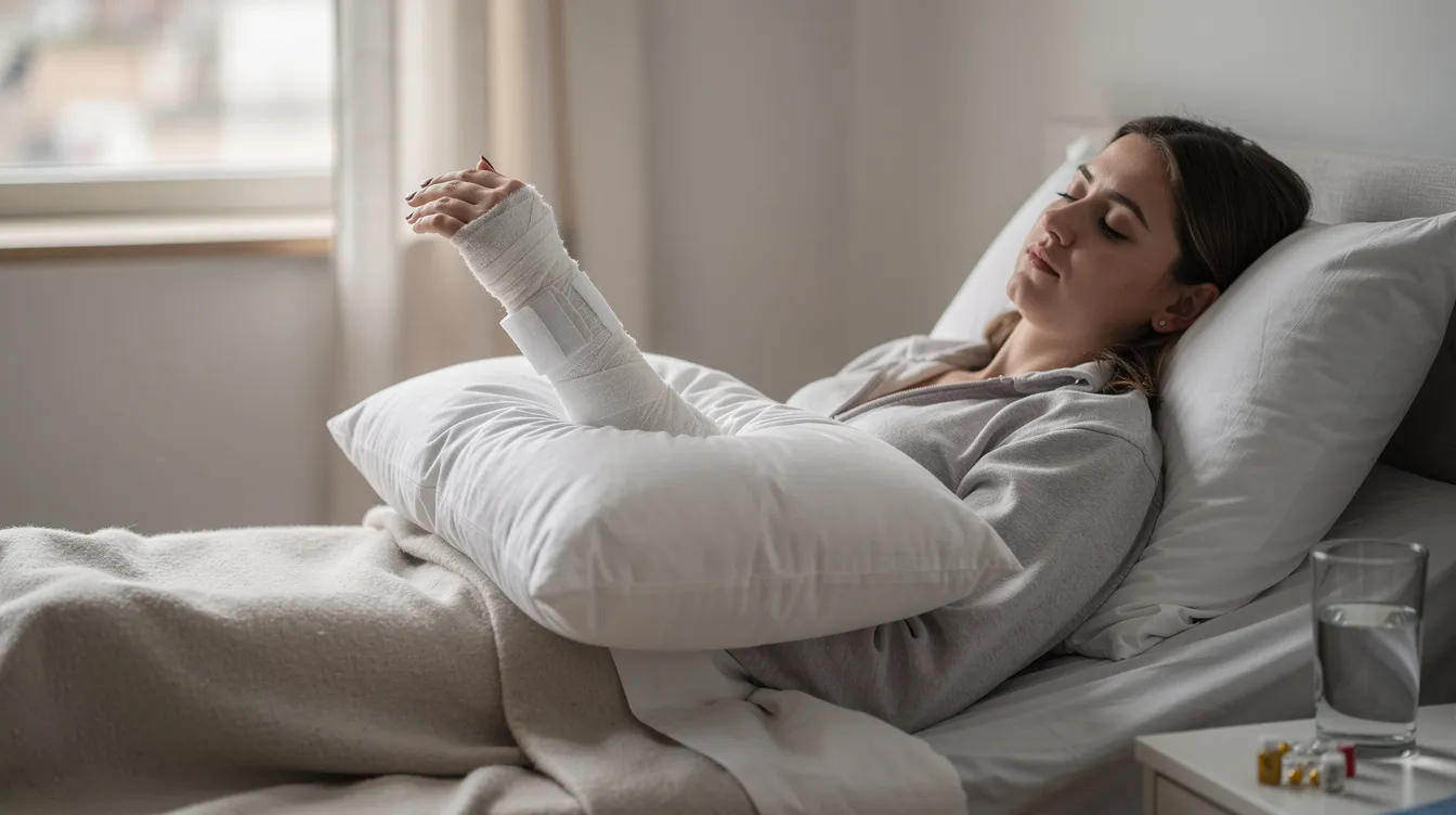 The image depicts a person resting with their arm elevated on a pillow, illustrating a common recovery position after arm lift surgery or arm liposuction. This position helps manage swelling and supports healing in the treatment area, particularly for those addressing upper arm concerns like loose skin or excess fat deposits.