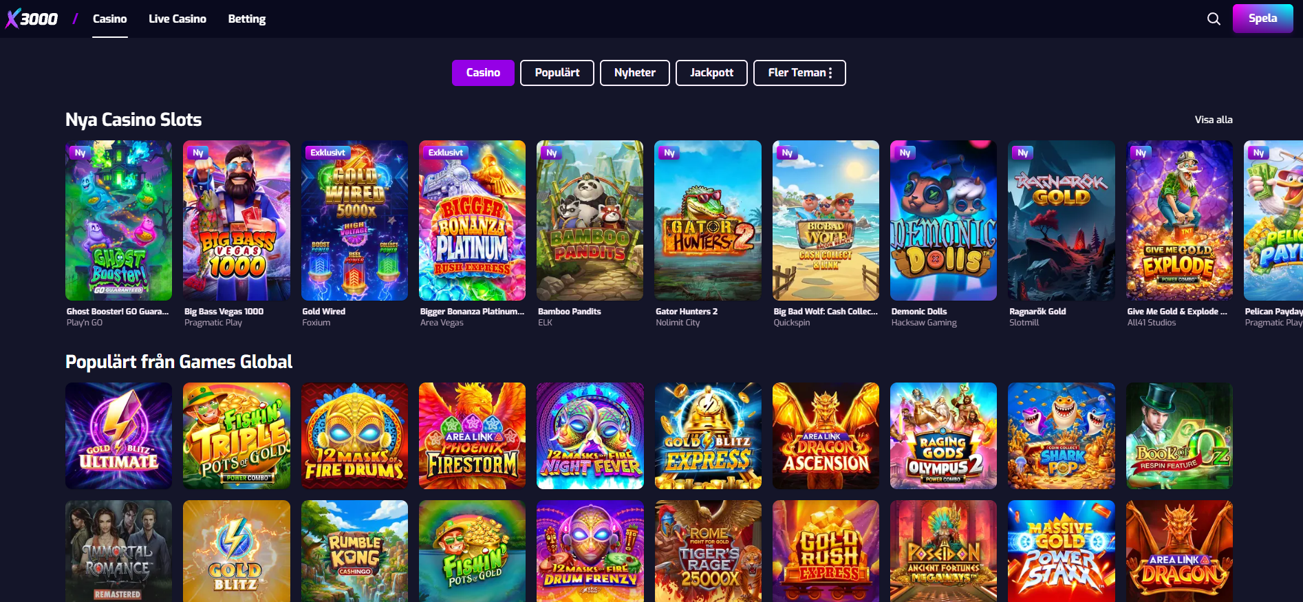 En del av spelutbudet hos X3000 Casino.