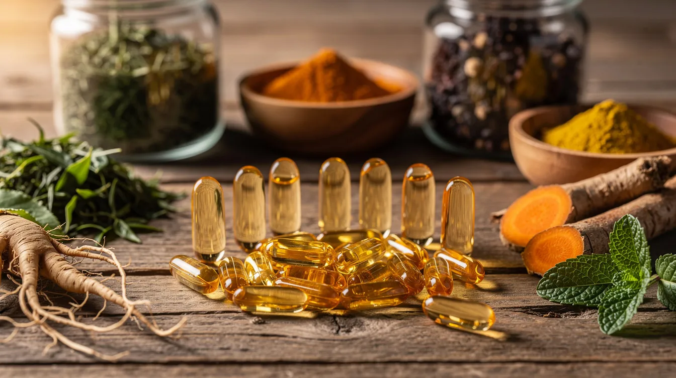 The image displays an assortment of colorful herbal supplement capsules and natural plant extracts meticulously arranged on a rustic wooden surface. These dietary supplements are often used by fitness enthusiasts to support muscle growth, promote muscle recovery, and enhance athletic performance.