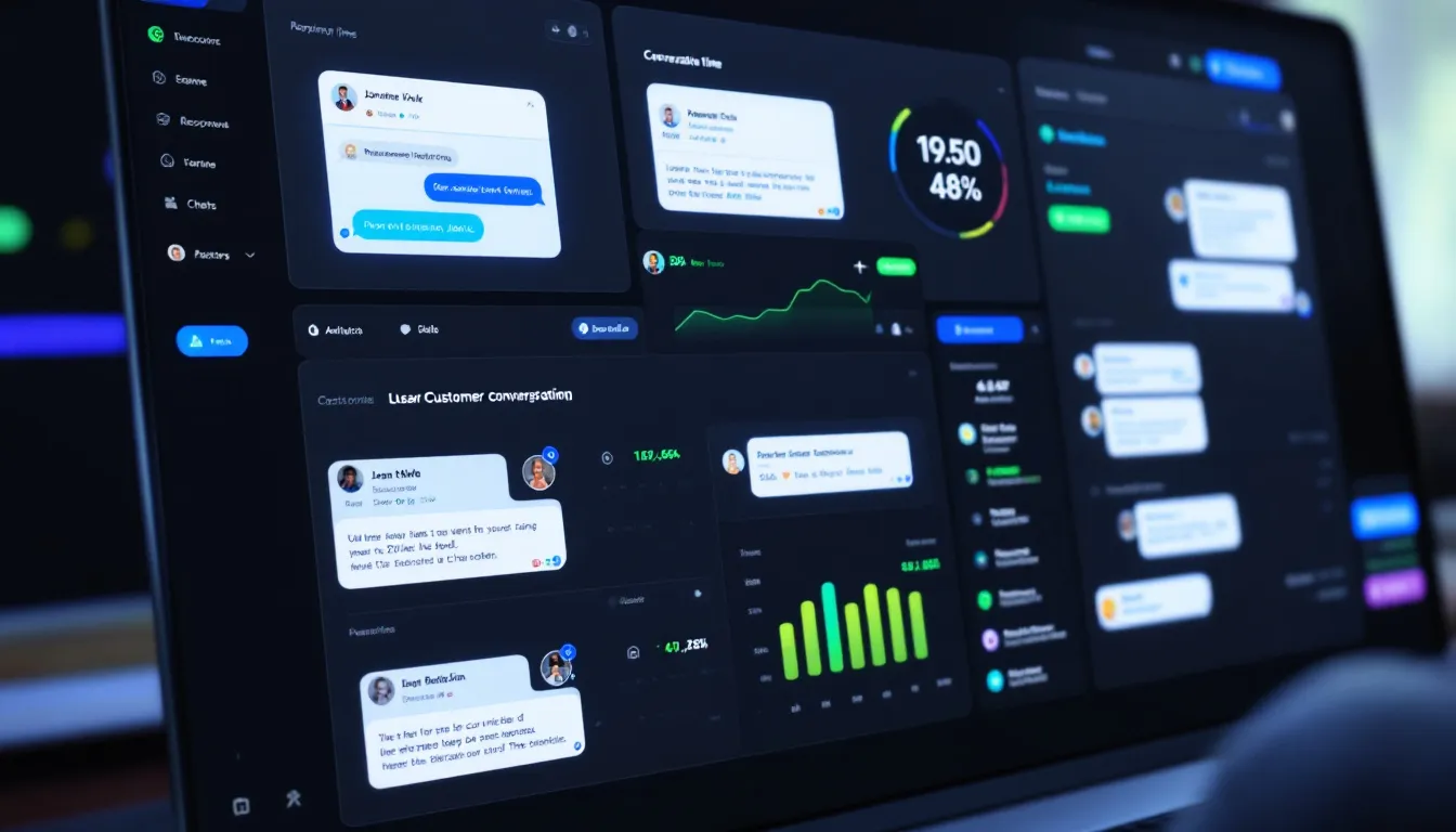 A business dashboard displays an AI chatbot managing multiple customer conversations across various channels, showcasing its ability to handle complex queries and provide human-like responses. The interface highlights the seamless integration of AI technology, enhancing customer engagement and improving the overall customer experience.