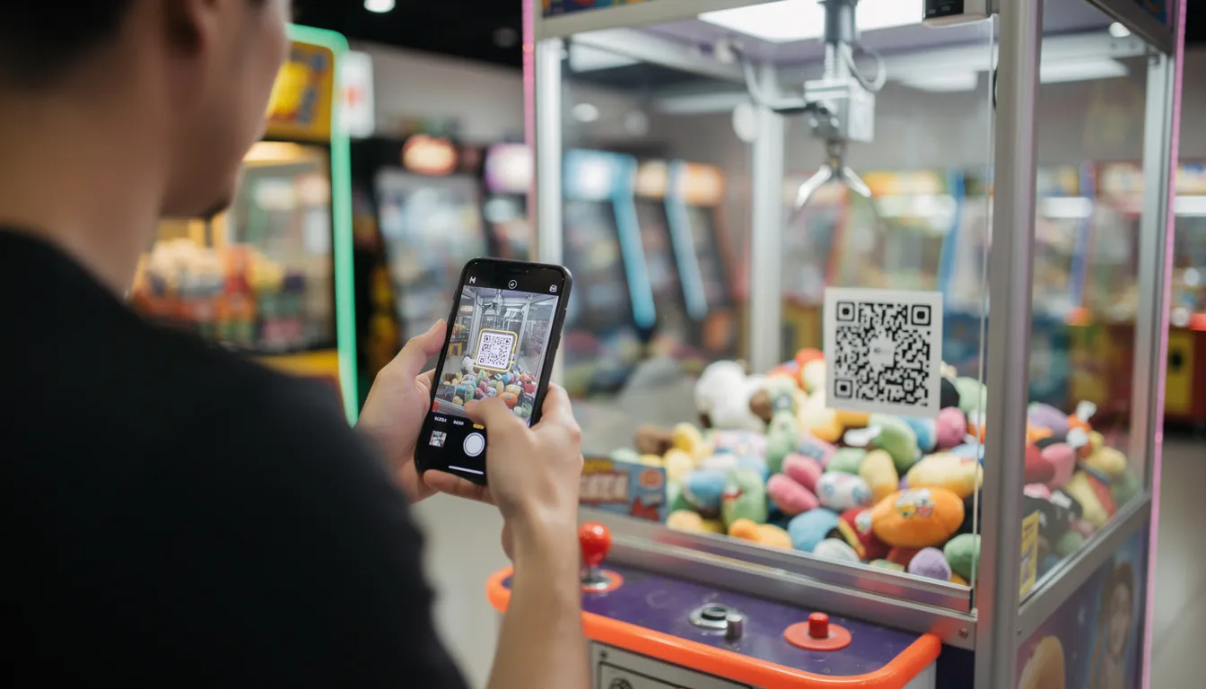 A claw machine is shown with a small QR code sticker attached, while an individual holds a phone with the camera app open to scan the code. This setup highlights the integration of modern payment options and technology in arcade games, enhancing the player experience and operational efficiency.