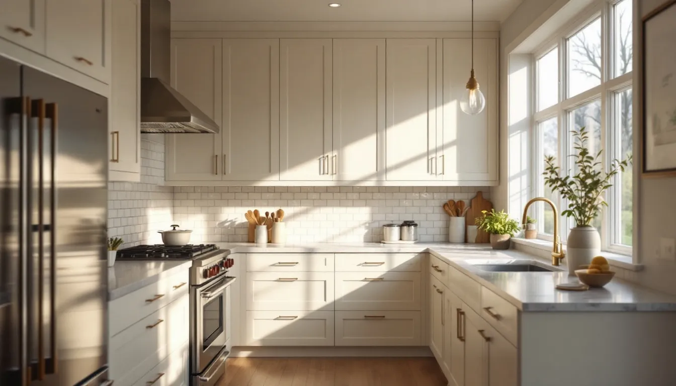 The image features a kitchen adorned with Sherwin Williams Creamy cabinets, illuminated by natural morning light that highlights the warm yellow undertones of the creamy off-white paint. The warm tones create a cozy atmosphere, complementing the wood floors and enhancing the overall inviting feel of the space.