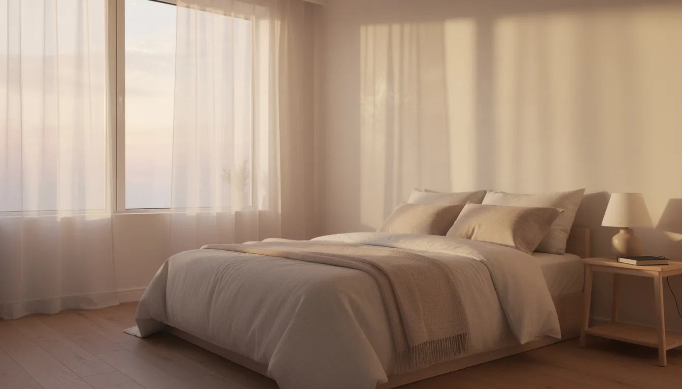 A serene bedroom bathed in soft dawn light filtering through sheer curtains, creating a tranquil atmosphere conducive to a good night&rsquo;s sleep. This peaceful setting may help improve sleep quality and support the sleep-wake cycle, essential for overall health and well-being.