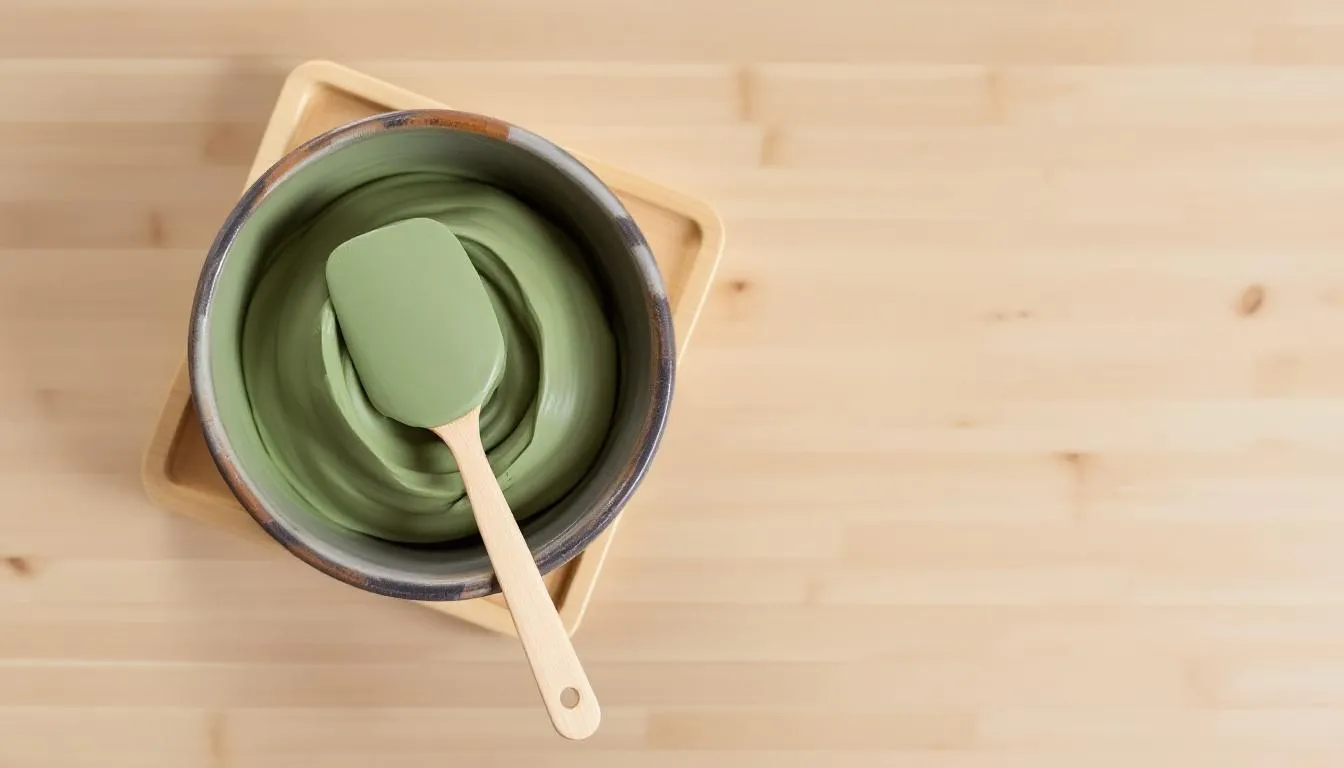 Un bol de préparation en argile verte est posé sur une table en bambou, accompagné d'une spatule en bois. La texture de l'argile verte est lisse et crémeuse, prête à être utilisée pour des soins de beauté ou des masques pour la peau.