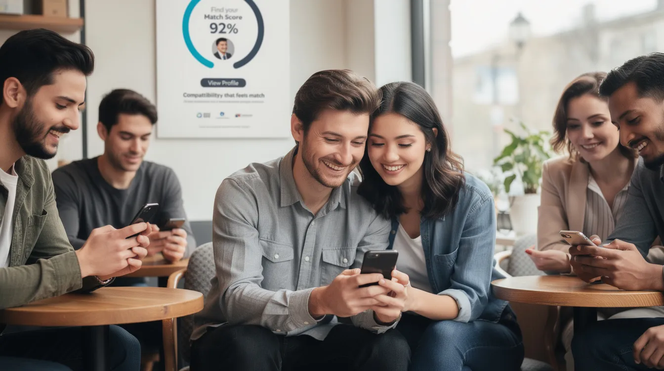 The image depicts a diverse group of real people using a popular dating app on their smartphones, highlighting the importance of genuine connections in online dating. They are engaged in conversations, suggesting that the app encourages users to find potential matches for serious relationships or casual dating based on their compatibility scores.