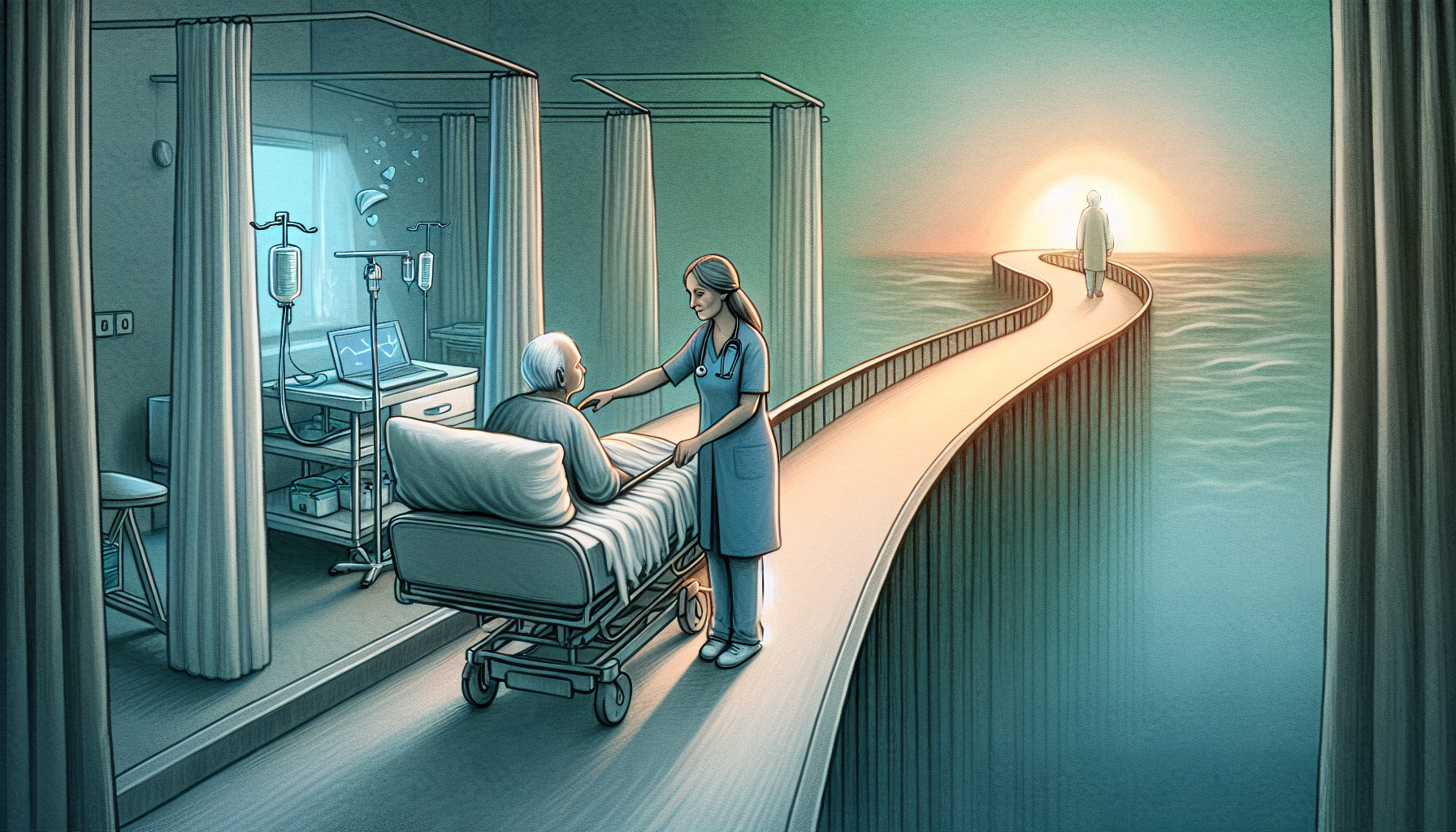 Illustration of transitioning from palliative care to hospice care with support from healthcare professionals