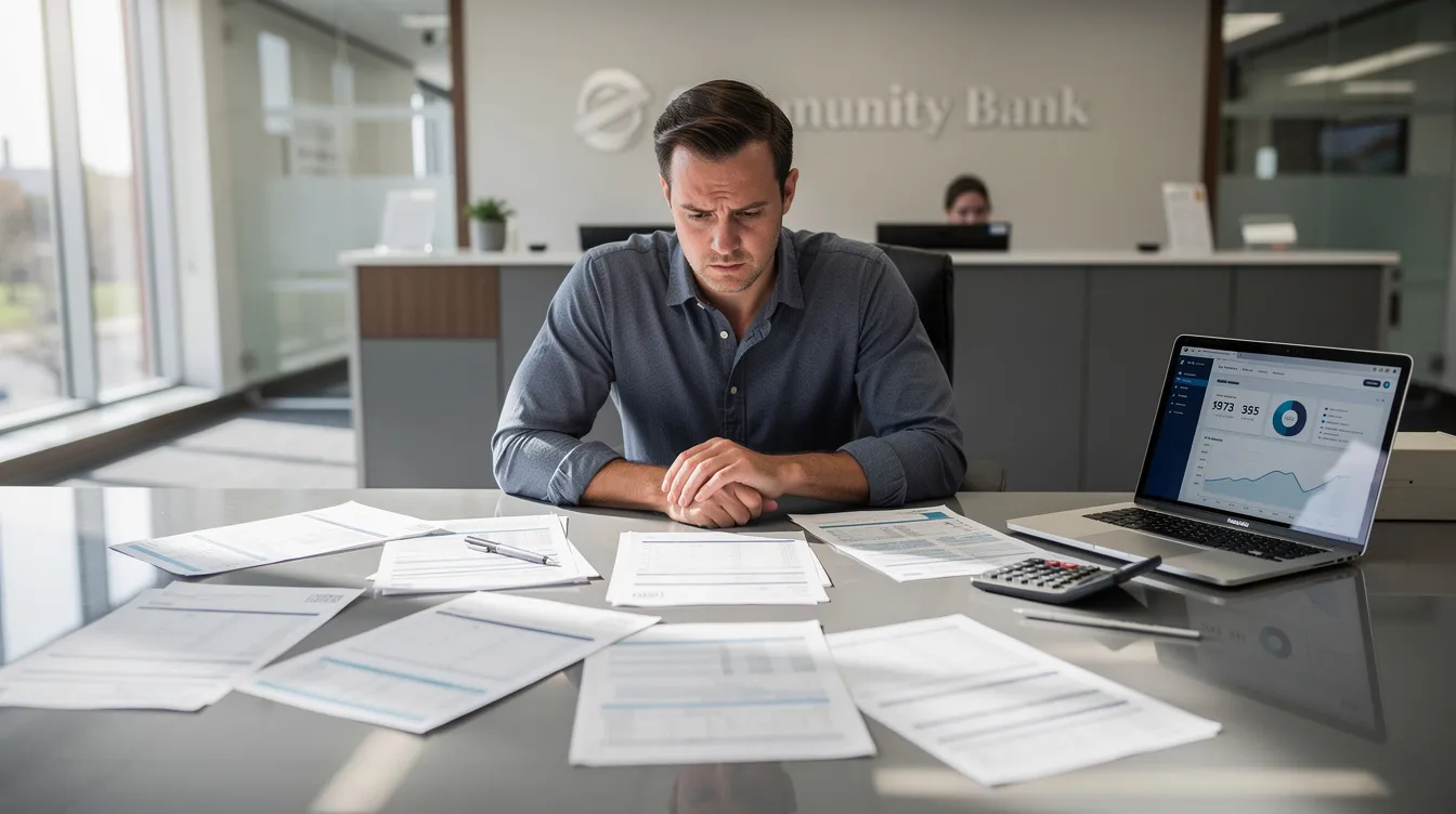 7ad504e5 72e0 4371 ad2d e38995518e5d The image depicts a small business owner seated at a bank desk, surrounded by various papers and documents related to financial assistance, including loan applications and business plans. This setting highlights the importance of small finance banks in supporting micro enterprises and facilitating access to mudra loans for eligible borrowers.