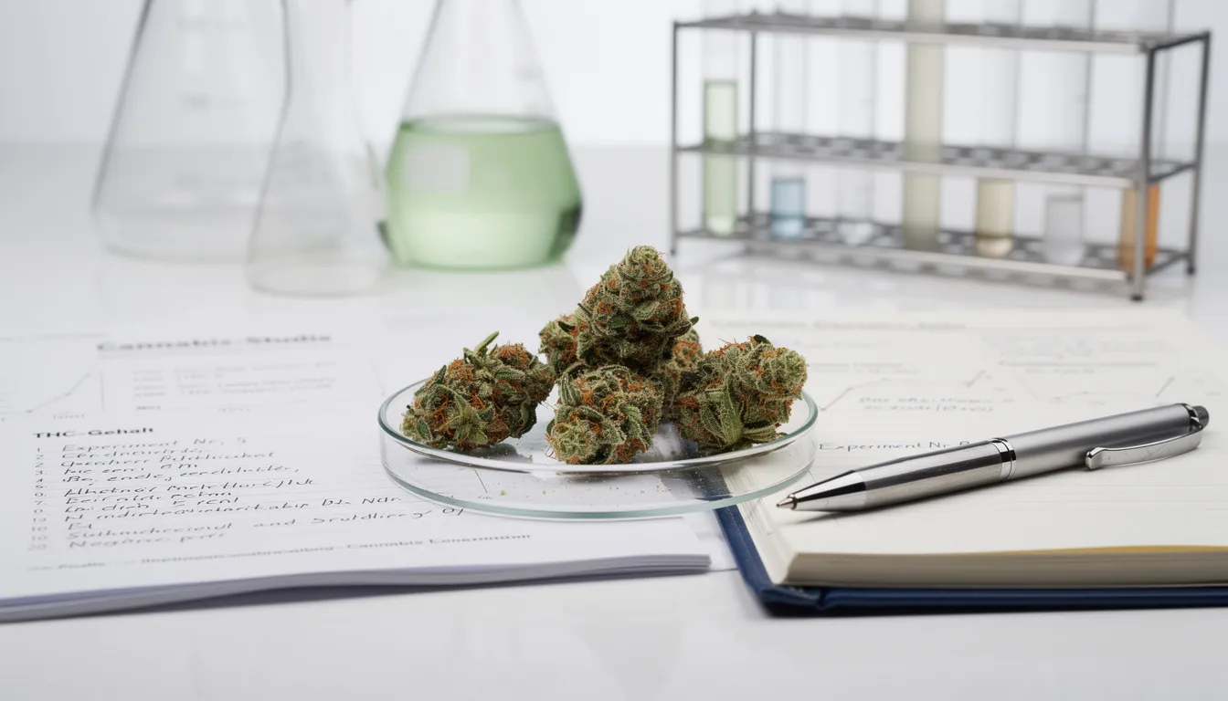 Auf einem Labortisch liegen Cannabis-Blüten zusammen mit wissenschaftlichen Forschungsnotizen, die sich mit den Eigenschaften und Wirkungen von Cannabinoiden wie THCP und HHC befassen. Die Notizen zeigen die Entdeckung und die Unterschiede zwischen den verschiedenen Molekülen und deren Auswirkungen auf das endocannabinoide System.
