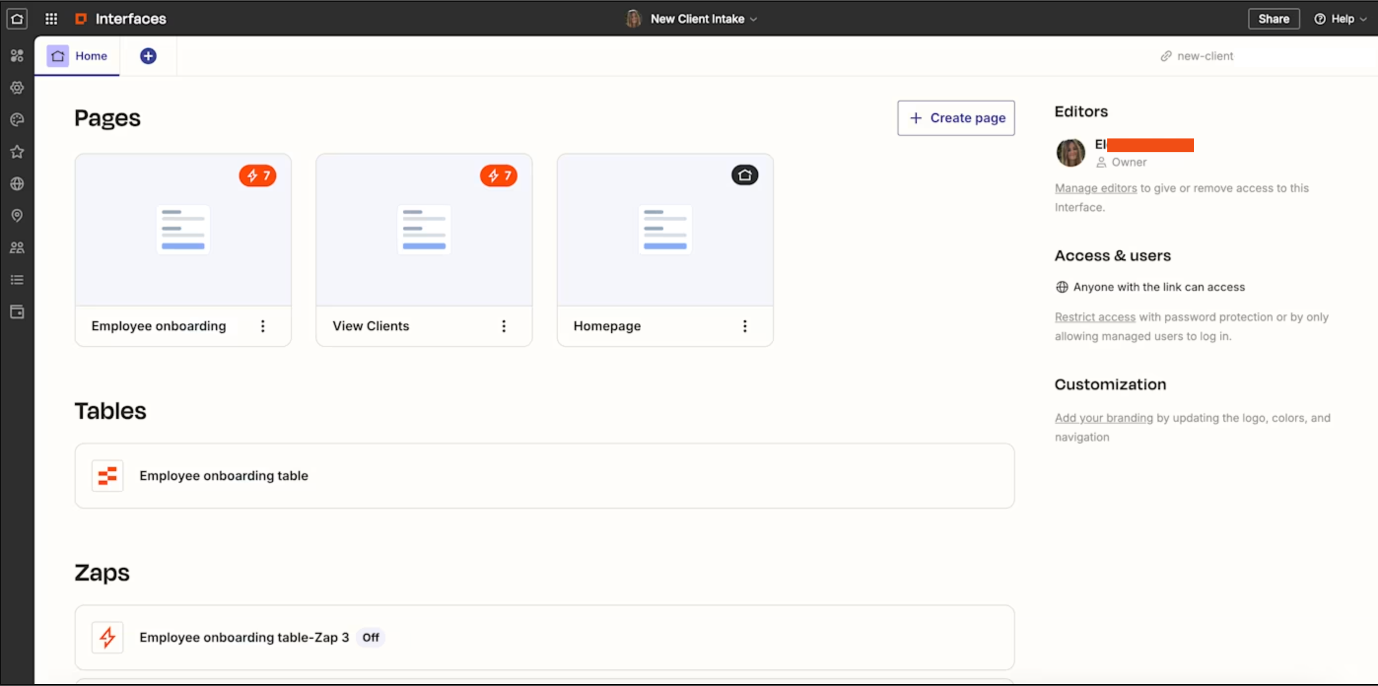 Screenshot of Zapier interfaces home page showing workflow connections