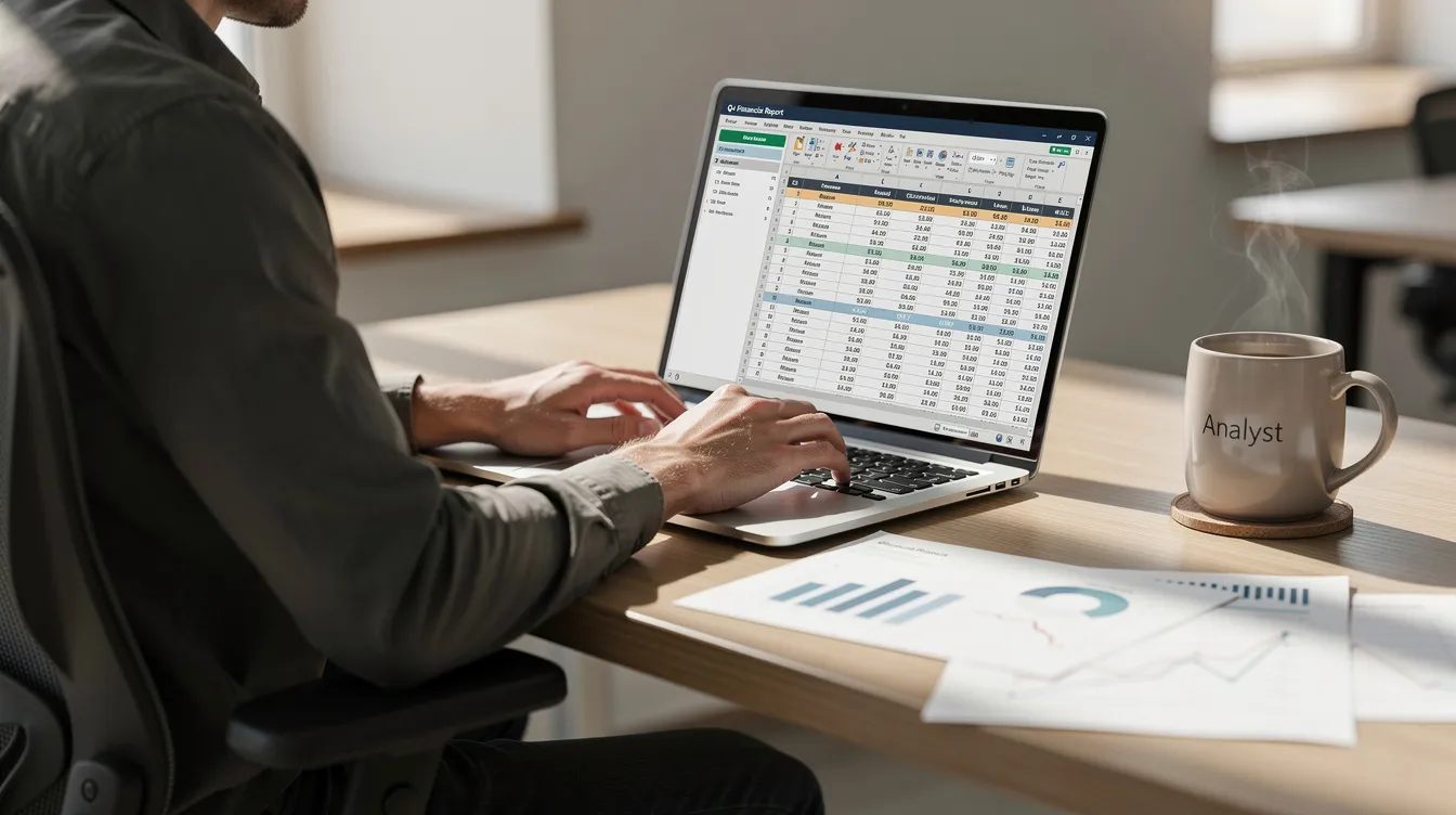 A person is focused on working at a laptop, surrounded by financial spreadsheets related to real estate finance, while a coffee mug sits on the desk. The scene reflects the analytical tasks involved in managing income-producing properties and evaluating investment strategies in the real estate market.