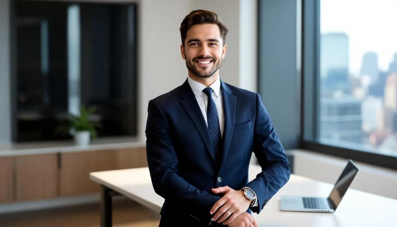 The image depicts a confident small business owner smiling, reflecting their success in navigating the loan process and avoiding common small business loan mistakes. They appear proud and relieved after securing a legitimate business loan, demonstrating the importance of being aware of potential mistakes. 