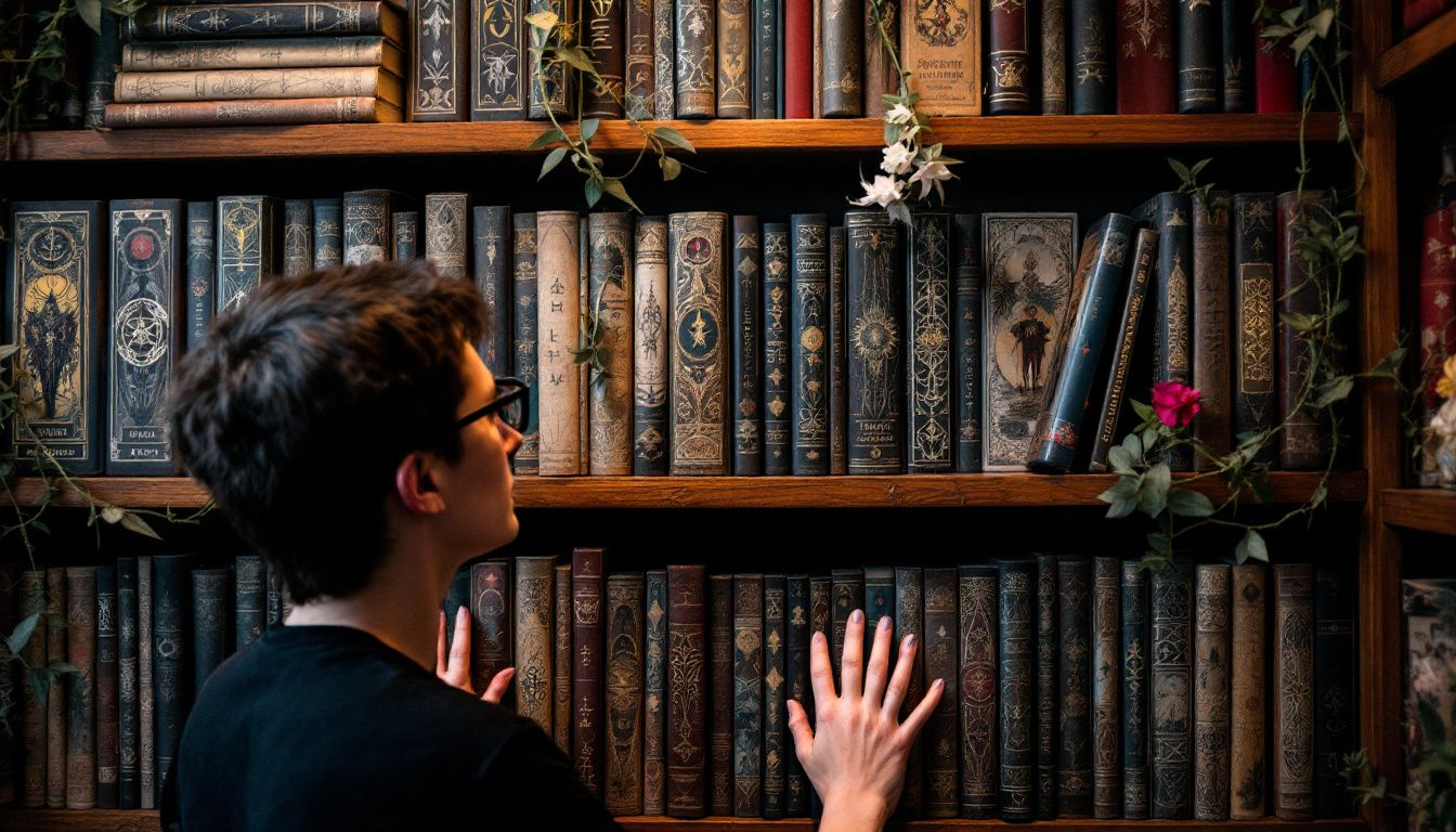 A person selecting their first tarot deck from a shelf filled with various decks.