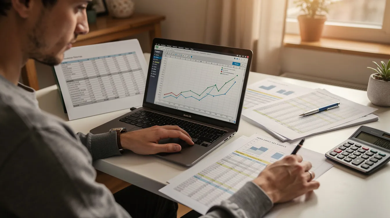 A person is sitting at a table at home, focused on reviewing financial documents on their laptop, which includes terms related to loans such as "低 息 貸款" and "貸款 申請." The environment is cozy and organized, suggesting a careful approach to managing finances.