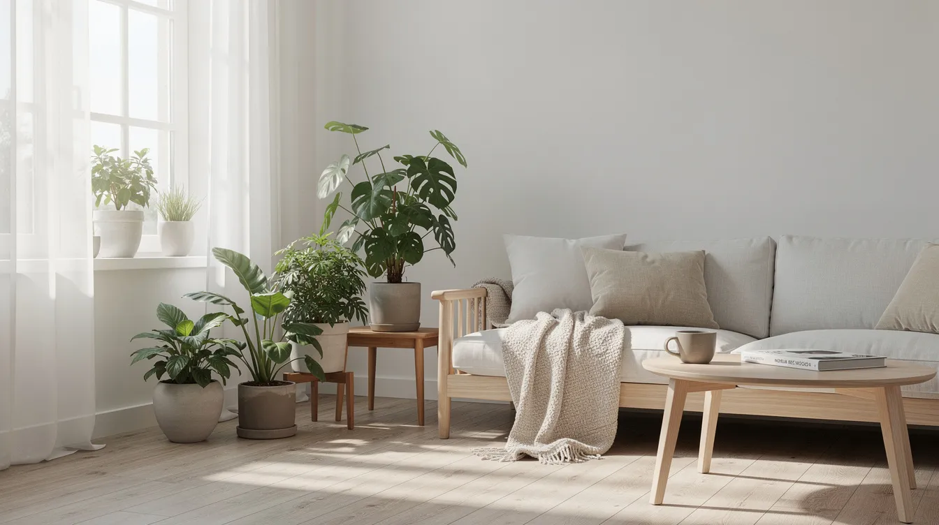Ett ljust skandinaviskt vardagsrum med en träsoffa prydd med ljusa textilier, omgiven av gröna växter vid ett stort fönster. Rummet utstrålar en harmonisk inredning med en kombination av olika färger och stilar som skapar en inbjudande atmosfär.